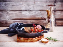 Alva Grillpan / Grillplaat Nori ø 28 cm + Gratis Leren Handvaten - geschikt voor alle warmtebronnen - geëmailleerde anti-aanbaklaag