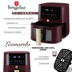 Berlinger Haus Airfryer XL Mat Bordeaux - met Kijkvenster - 5 Liter - 1400W