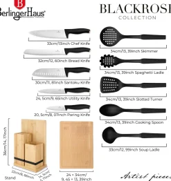 Berlinger Haus Messenblok met Keukengerei Set & Snijplank Zwart Rosègoud - 12 delig