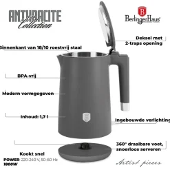 Berlinger Haus Waterkoker Dubbelwandig Mat Antraciet - 1.7 Liter - 1800W