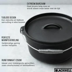 Blackwell Dutch oven / Braadpan met deksel - Gietijzer - ø 25 cm / 4 Liter - zonder anti-aanbaklaag