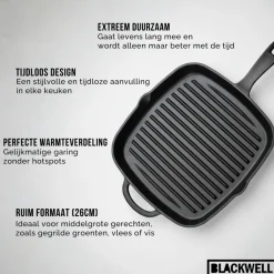 Blackwell Grillpan Cast Iron Gietijzer - 26 x 26 cm - geschikt voor alle warmtebronnen - zonder anti-aanbaklaag