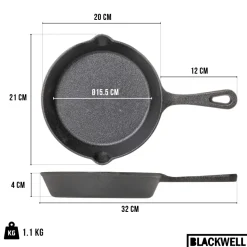 Blackwell Koekenpan Skillet Gietijzer ø 20 cm - geschikt voor alle warmtebronnen - zonder anti-aanbaklaag