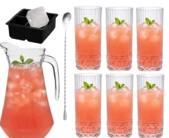 Cocktailset Dolle Mina - Karaf 1.6 L met 6 Longdrinkglazen 490 ml, Cocktaillepel & IJsblokjesvorm