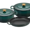Combekk Pannenset Gietijzer Holly Green 3-delig - Braadpan ø 24, 28 cm & Koekenpan ø 26 cm