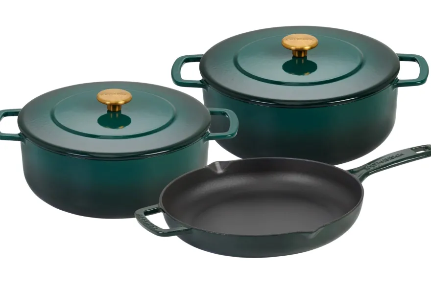 Combekk Pannenset Gietijzer Holly Green 3-delig - Braadpan ø 24, 28 cm & Koekenpan ø 26 cm