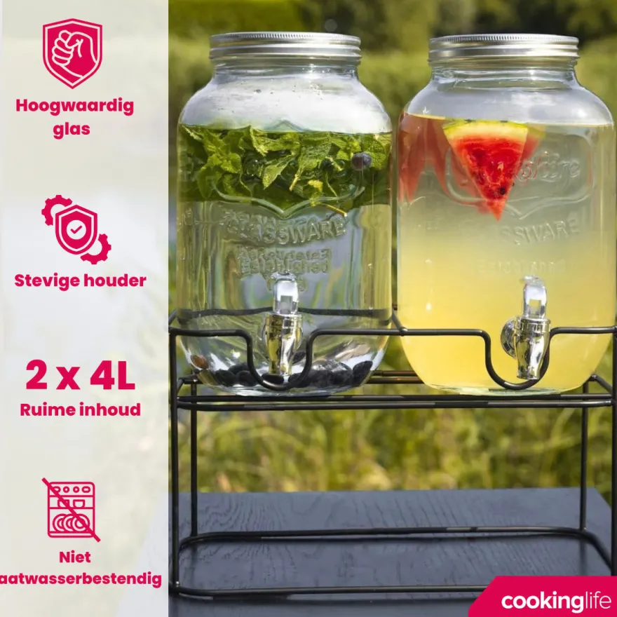 Cookinglife Dubbele Drankdispenser - met houder - 2 x 4 liter