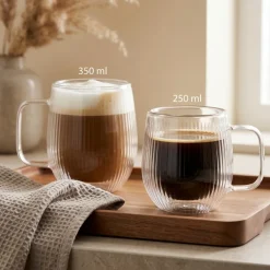 Cookinglife Dubbelwandige Koffie- / theeglazen met oor Lines - 350 ml - 2 Stuks