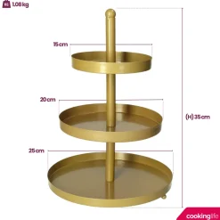 Cookinglife Etagère metaal / goud ø 15, 20 & 25 cm - 3-laags - 35 cm hoog