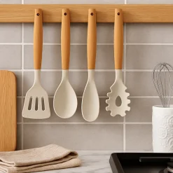 Cookinglife Keukengerei set - Kookgerei set - hout beige 4 delig - Bakspaan, opscheplepel, saladelepel & spaghettilepel
