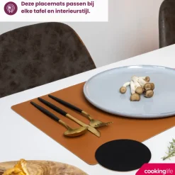 Cookinglife Placemats - Dubbelzijdig - Afwasbaar - Cognac / Zwart 46 x 33 cm - 6 Stuks