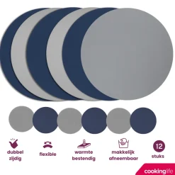 Cookinglife 6 Placemats + 6 Onderzetters - Dubbelzijdig - Rond - Afwasbaar - Blauw / Grijs