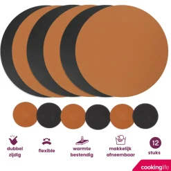 Cookinglife 6 Placemats + 6 Onderzetters - Dubbelzijdig - Rond - Afwasbaar - Zwart / Cognac