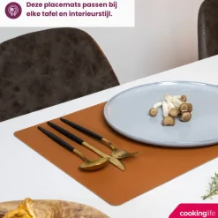 Cookinglife 6 Placemats + 6 Onderzetters - Dubbelzijdig - Afwasbaar - Zwart / Cognac