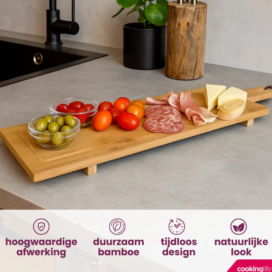 Cookinglife Serveerplank / Tapasplank op pootjes - XL - Bamboe - 88 x 26 cm