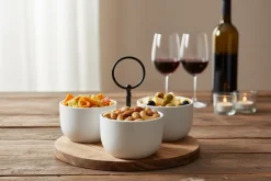 Cookinglife Serveerset / tapasset 4-delig - Acacia Hout ΓΈ 19 cm - Met Porseleinen Schaaltjes