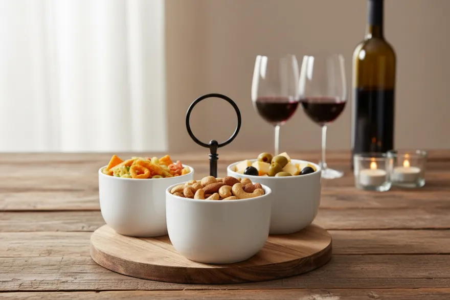 Cookinglife Serveerset / tapasset 4-delig - Acacia Hout ø 19 cm - Met Porseleinen Schaaltjes