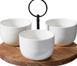 Cookinglife Serveerset / tapasset 4-delig - Acacia Hout ø 19 cm - Met Porseleinen Schaaltjes