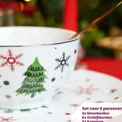 Cookinglife Serviesset - Kerstservies - Porselein - Rood 18-delig / 6 personen - 6 dinerborden, 6 ontbijtborden & 6 kommen