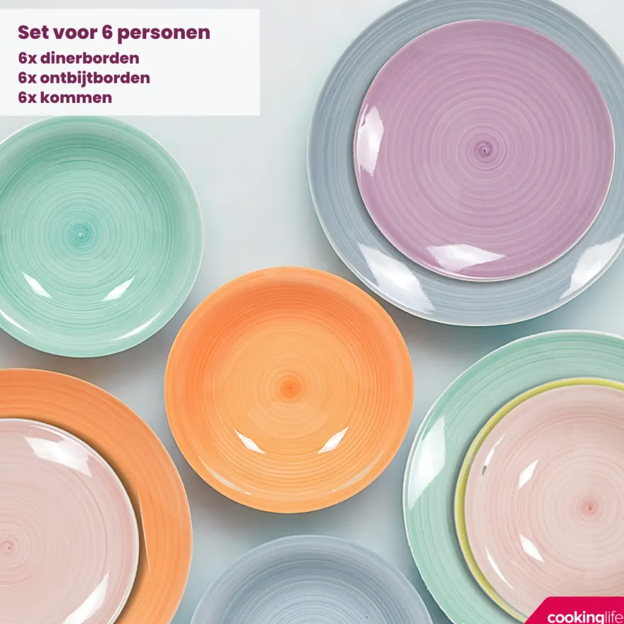 Cookinglife Serviesset Pastel Harmony 18-delig / 6 personen - 6 dinerborden, 6 ontbijtborden en 6 diepe borden