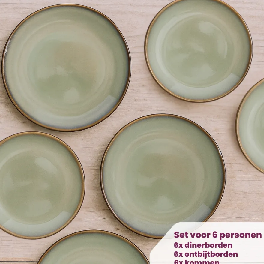 Cookinglife Serviesset Sabi Groen 18-delig / 6 personen - 6 dinerborden, 6 ontbijtborden en 6 kommen