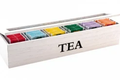 Cookinglife Theedoos - Theekist - Hout Wit - 6 vakken - met Glazen Deksel - 43 x 9 x 9 cm