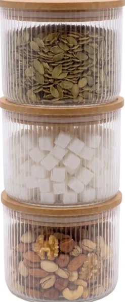 Cookinglife Voorraadpotten set Lines - Glas met Bamboe Deksel - ø 11 cm - 600 ml - 3 stuks