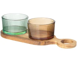 Cosy & Trendy Borrelplank met Glazen Schaaltjes Soluna 3-delig - Acaciahout - 27.5 x 10 cm