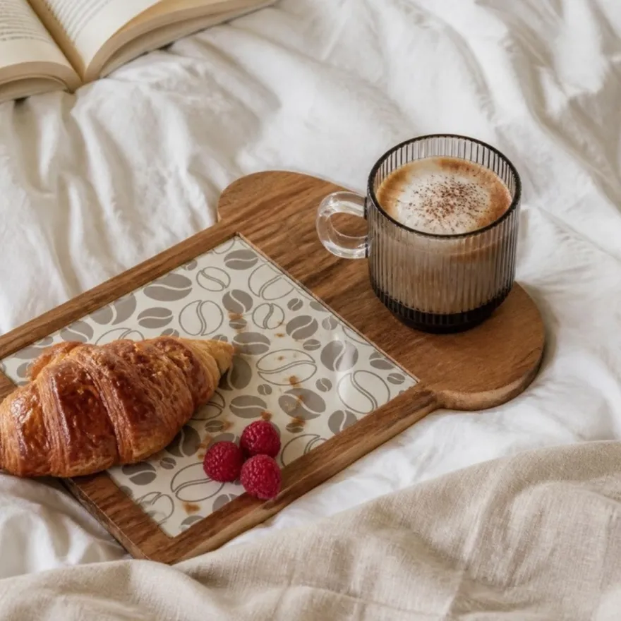 Cosy & Trendy Ontbijtplank met Koffieglas - Acaciahout - 24.5 x 22.5 cm