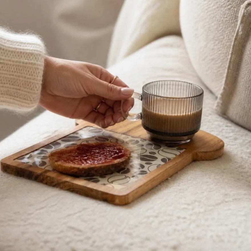 Cosy & Trendy Ontbijtplank met Koffieglas - Acaciahout - 24.5 x 22.5 cm