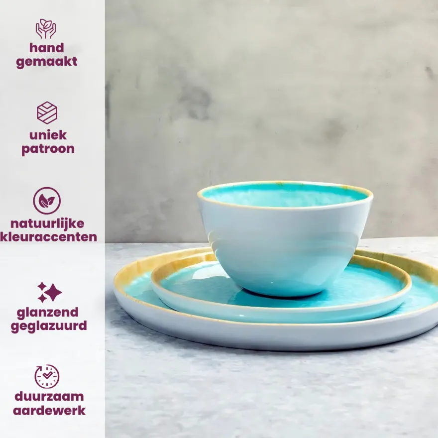 Cosy & Trendy Serviesset Laguna Azzurro 12-delig / 4 personen - 4 dinerborden, 4 ontbijtborden en 4 kommen