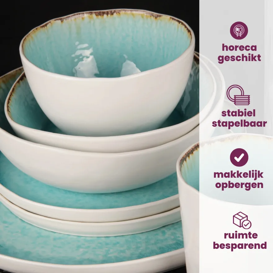 Cosy & Trendy Serviesset Laguna Azzurro 12-delig / 4 personen - 4 dinerborden, 4 ontbijtborden en 4 kommen