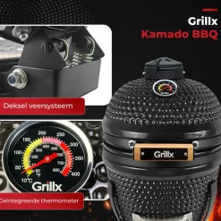GrillX Kamado Barbecue - 13 Inch - Inclusief Opberghoes - Barbecue Egg - Houtskool Barbecue - Zwart - Ø 27 cm