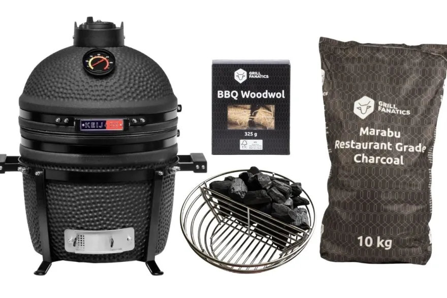 Keij Kamado BBQ Startersset - Legend Compact Black 15 inch - met Houtskool, Aanmaakwokkels & Kolenmand