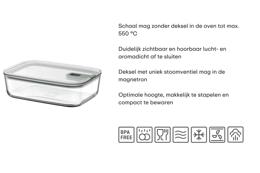 Mepal Ovenschaal / Lasagneschaal met deksel EasyClip Nordic Sage - Glas - 2.25 liter