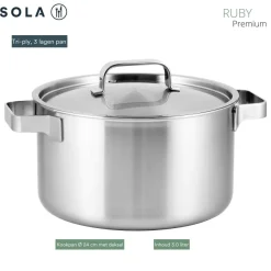 Sola Kookpan / Soeppan met deksel Ruby - Triply RVS ø 24 cm / 5.5 liter - geschikt voor alle warmtebronnen