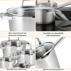 Sola Pannenset Diamond 5-Delig RVS - Downdraft geschikt - Kookpan ø 16, 18, 20, 24 cm & Steelpan ø 16 cm - geschikt voor alle warmtebronnen