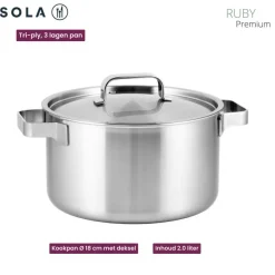 Sola Pannenset Ruby 5-Delig Premium Triply RVS - Kookpan ø 16, 18, 20, 24 cm & Steelpan ø 16 cm - geschikt voor alle warmtebronnen
