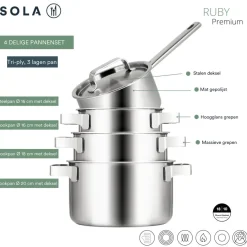 Sola Pannenset Ruby 4-Delig Premium Triply RVS - Kookpan ø 16, 18, 20 cm & Steelpan ø 16 cm - Inductie geschikt
