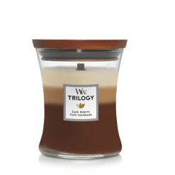 WoodWick Geurkaars Medium Trilogy Café Sweets - 11 cm / ø 10 cm - Geurkaars in Glas - Houten Lont