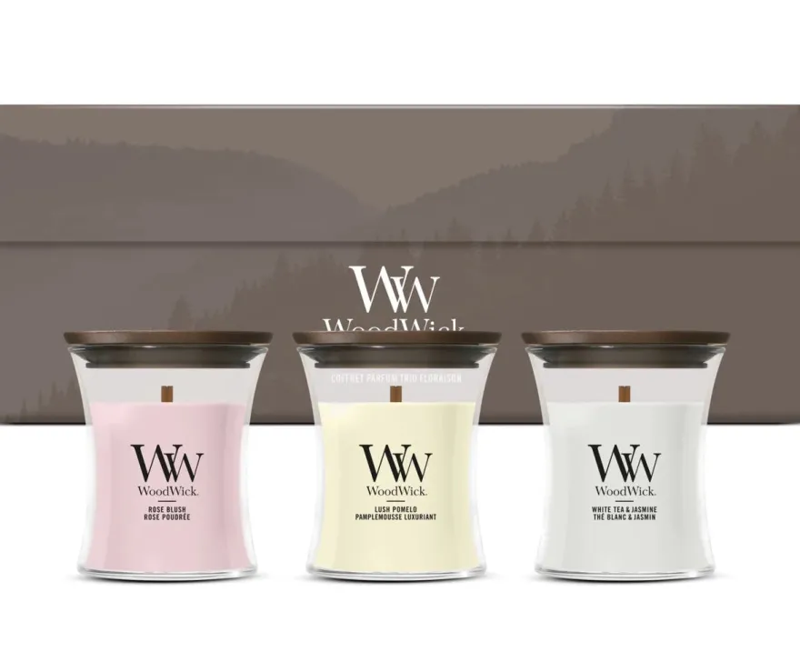 WoodWick Giftset Geurkaarsen Mini Blooming Trio - 3 Stuks - Geurkaars in Glas - Houten Lont